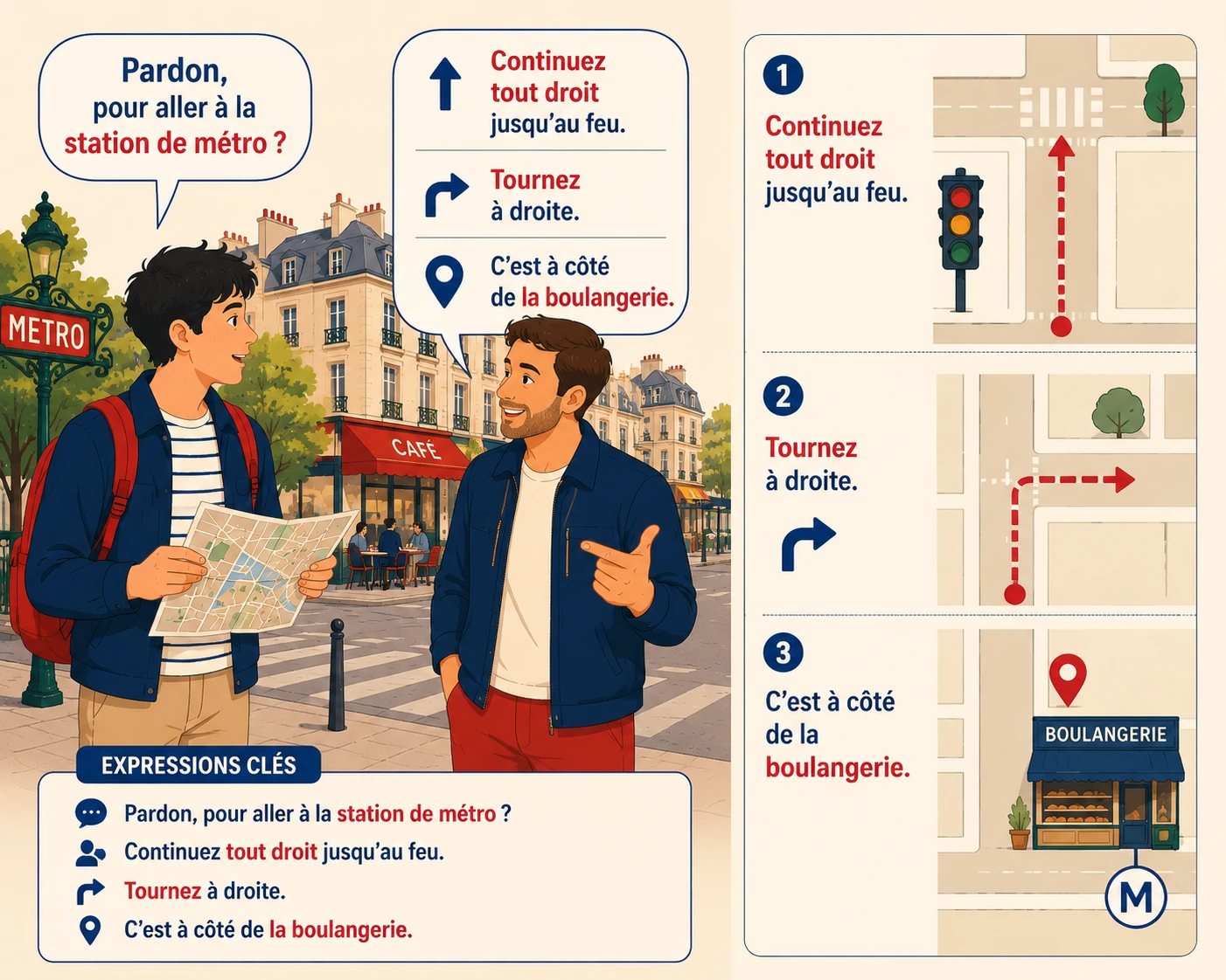 Dos personas en una calle de París: una pregunta por dónde se va a la estación de metro y la otra le explica el camino en francés.