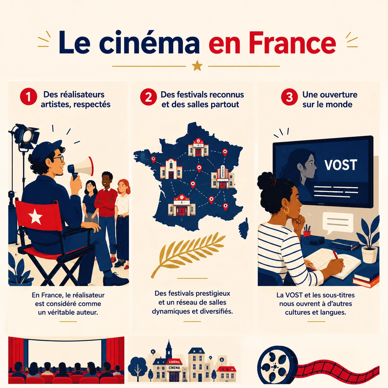 Tres ideas del cine francés: el realizador como autor, los festivales y las salas repartidas por el país, y las películas en versión original subtitulada.