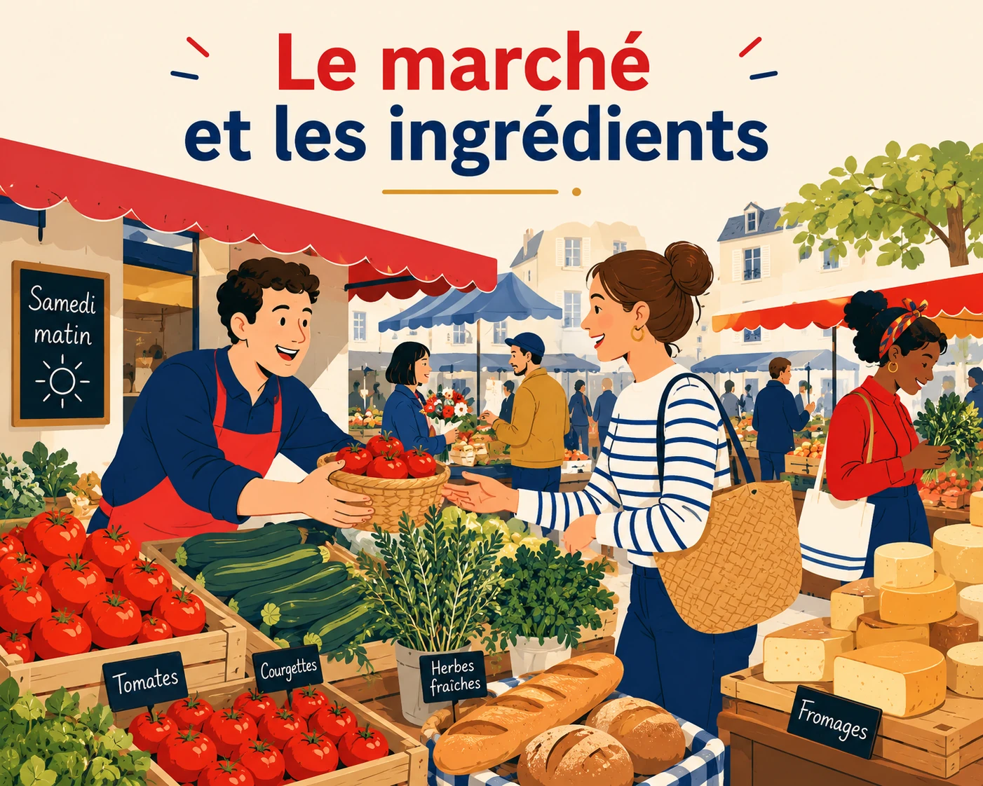 Puesto de un mercado francés un sábado por la mañana, con los tomates, las hierbas, el pan y los quesos rotulados en francés.