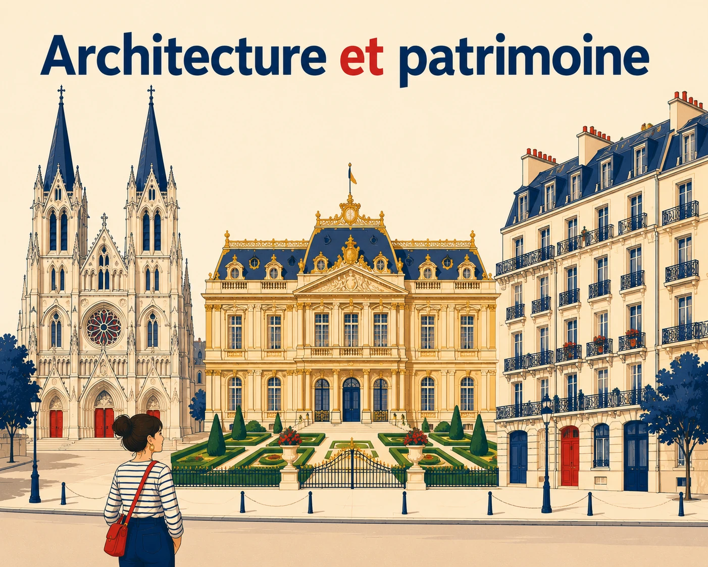 Tres épocas de la arquitectura francesa en una misma plaza: una iglesia gótica, un palacio clásico y un edificio de piedra con balcones de hierro.