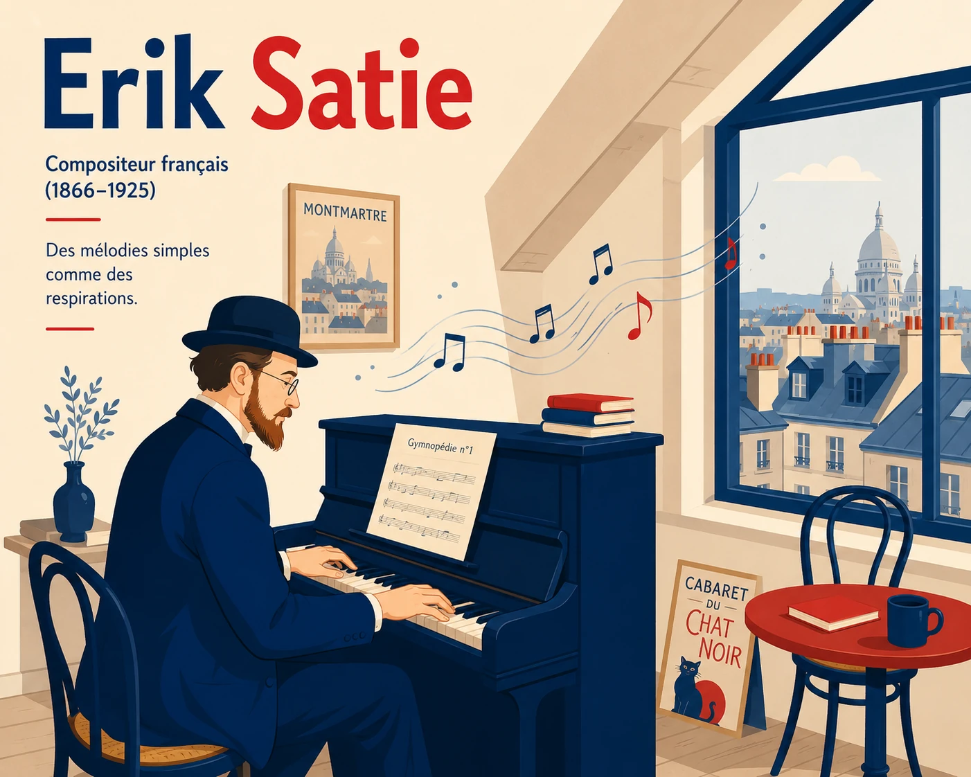 Erik Satie al piano en un desván de Montmartre, con la partitura de la Gymnopédie n.º 1 y los tejados de París por la ventana.