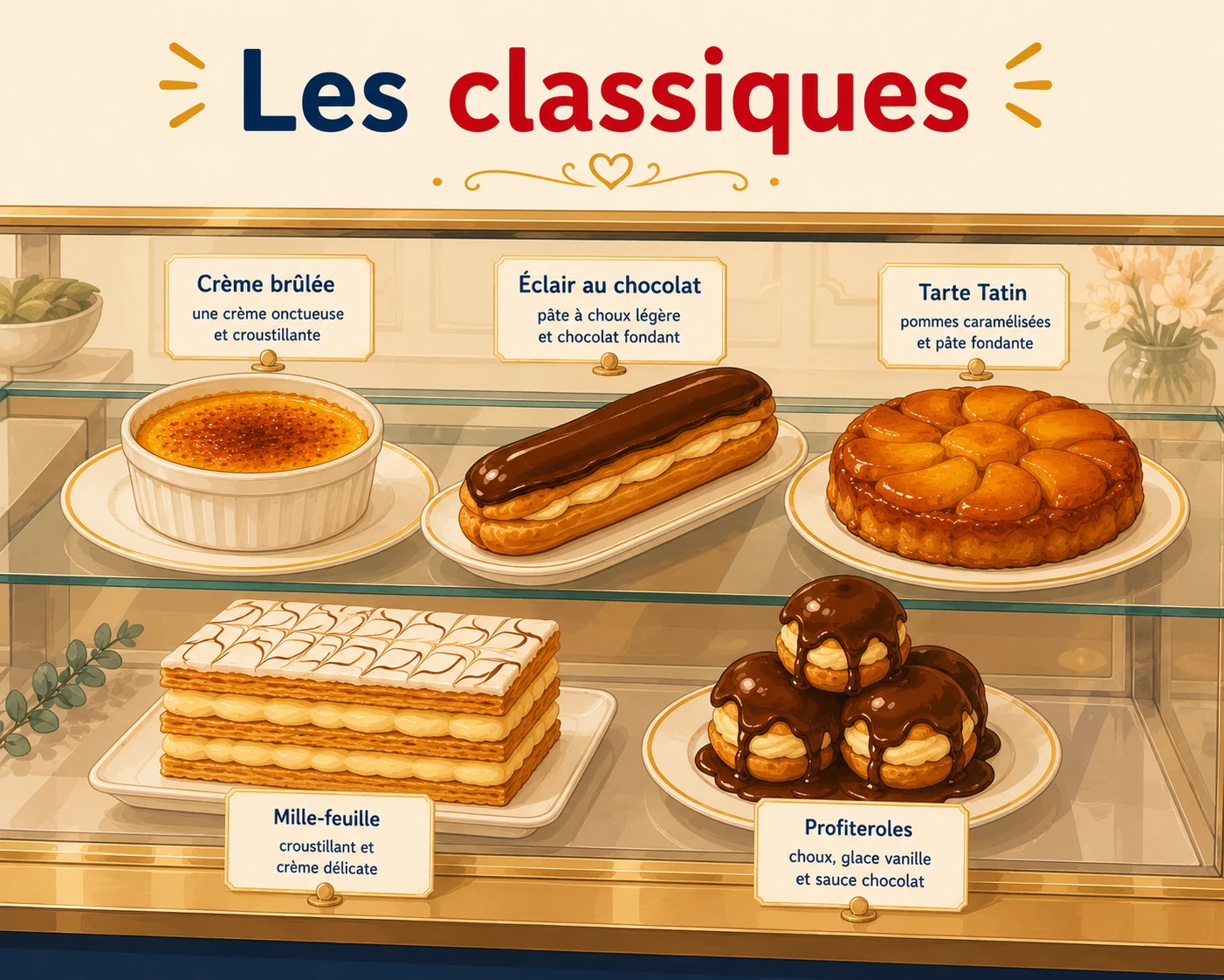 Vitrina de una pastelería francesa con crème brûlée, éclair au chocolat, tarte Tatin, mille-feuille y profiteroles, cada uno con su nombre.