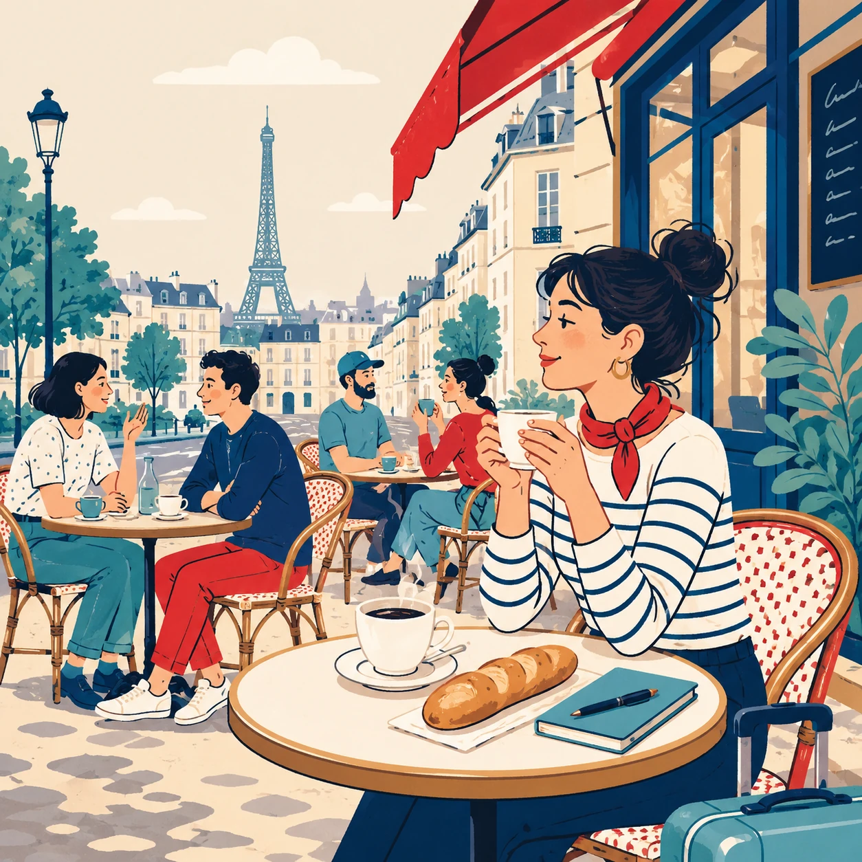 Terraza de un café parisino con la torre Eiffel al fondo, una taza de café y una baguette sobre la mesa.